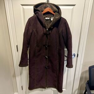 LL Bean Coat Women’s XL Brown Duffle Faux Suede Shearling Toggle Jacket Parka